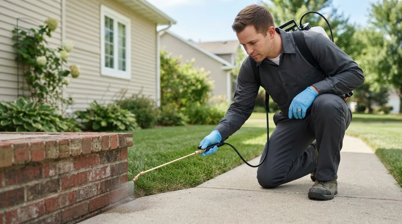 Pest control technician treating a home near Henderson Harbor, NY