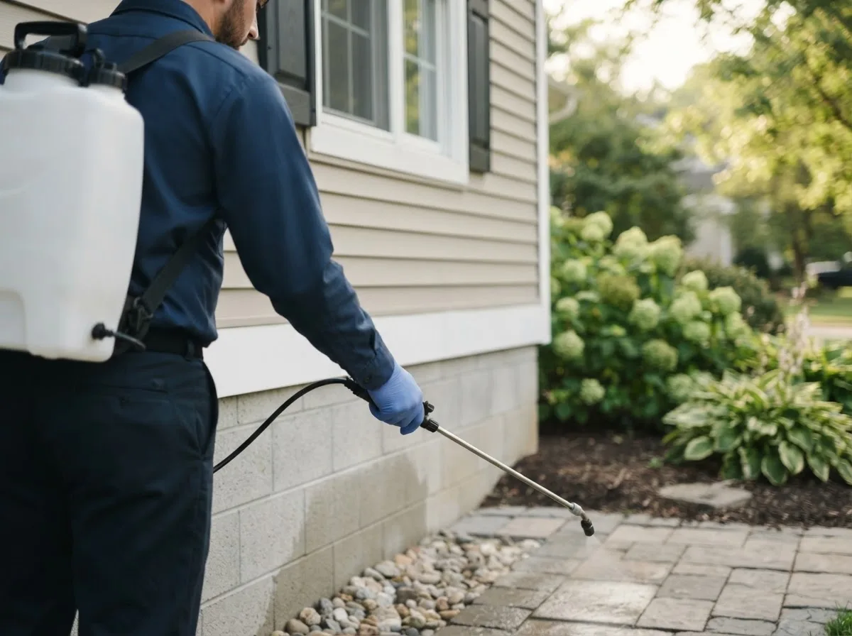 Pest control technician inspecting a home in Henderson Harbor, NY